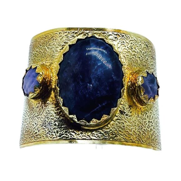Antique Brutalist Amethyst Brass Cuff Bracelet - Picture 12 of 12